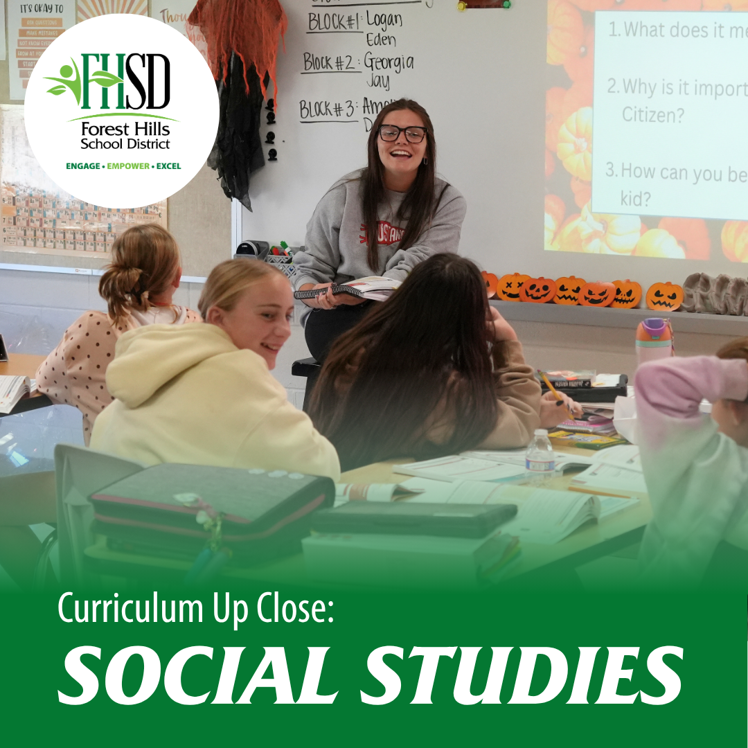 photo of Maddux teacher smiling in front of students with FHSD logo and text that says: "curriculum up close: social studies"